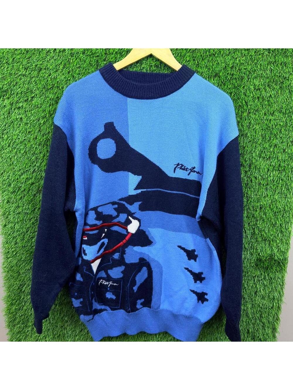 Vintage 90s Phat Farm Aviation Pilot Graphic Knit Sweater Blue XXL
